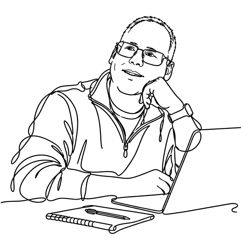 Line drawing of Christopher at a desk, resting his chin on his hand beside a laptop and notebook.